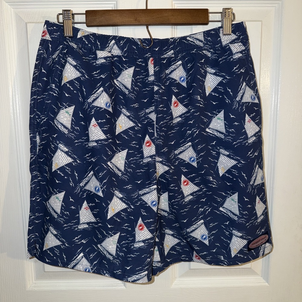 NEW Vineyard Vines Boys Swim Chappy Trunks Lined Sailboats Print Blue Size XL 18